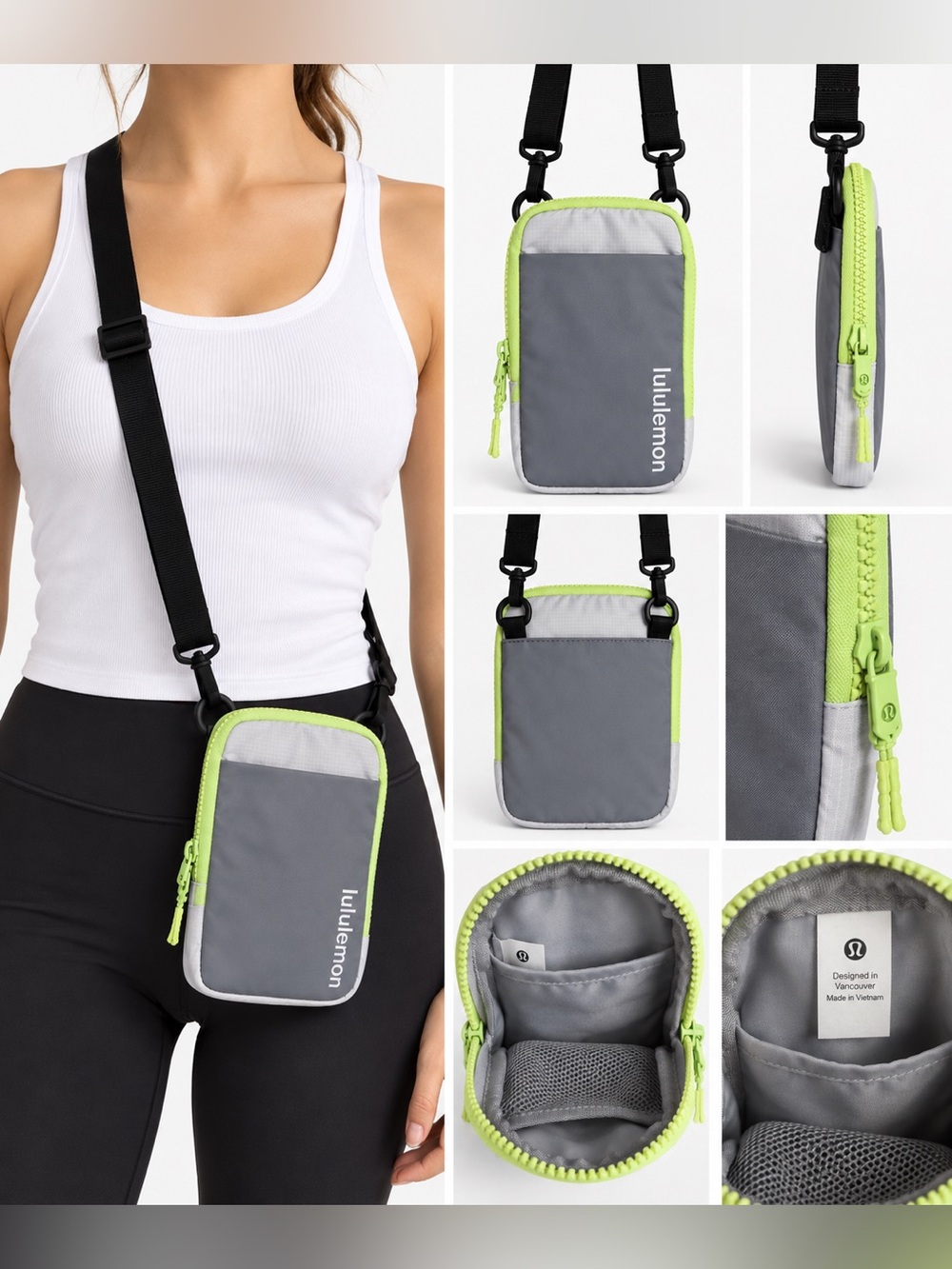 Lululemon Easy Access Crossbody Bag OS Gray Neon Lime Green Adjustable Strap
